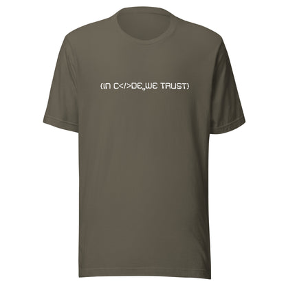 Green t-shirt with text 'IN CODE, WE TRUST' on a white background