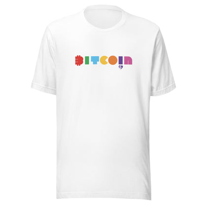White t-shirt with colorful 'Bitcoin' pacman text on a white background