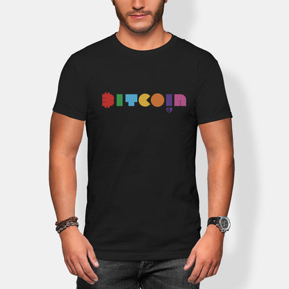 Person wearing a black t-shirt with colorful 'Bitcoin' pacman design on a white background