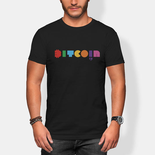Person wearing a black t-shirt with colorful 'Bitcoin' pacman design on a white background
