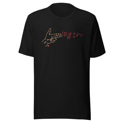 Black t-shirt with a design of a hand making a heart shape and hearts on a white background