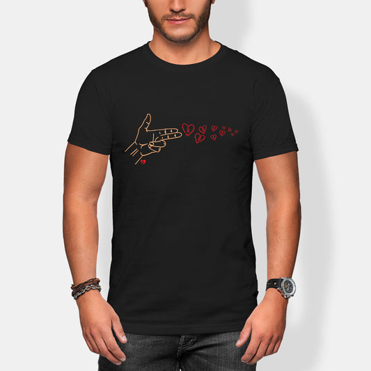 Person wearing a black t-shirt with a bitcoin hand graphic design on a white background