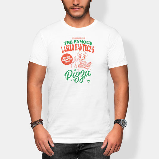Person wearing a white t-shirt with a pizza-themed graphic and text.