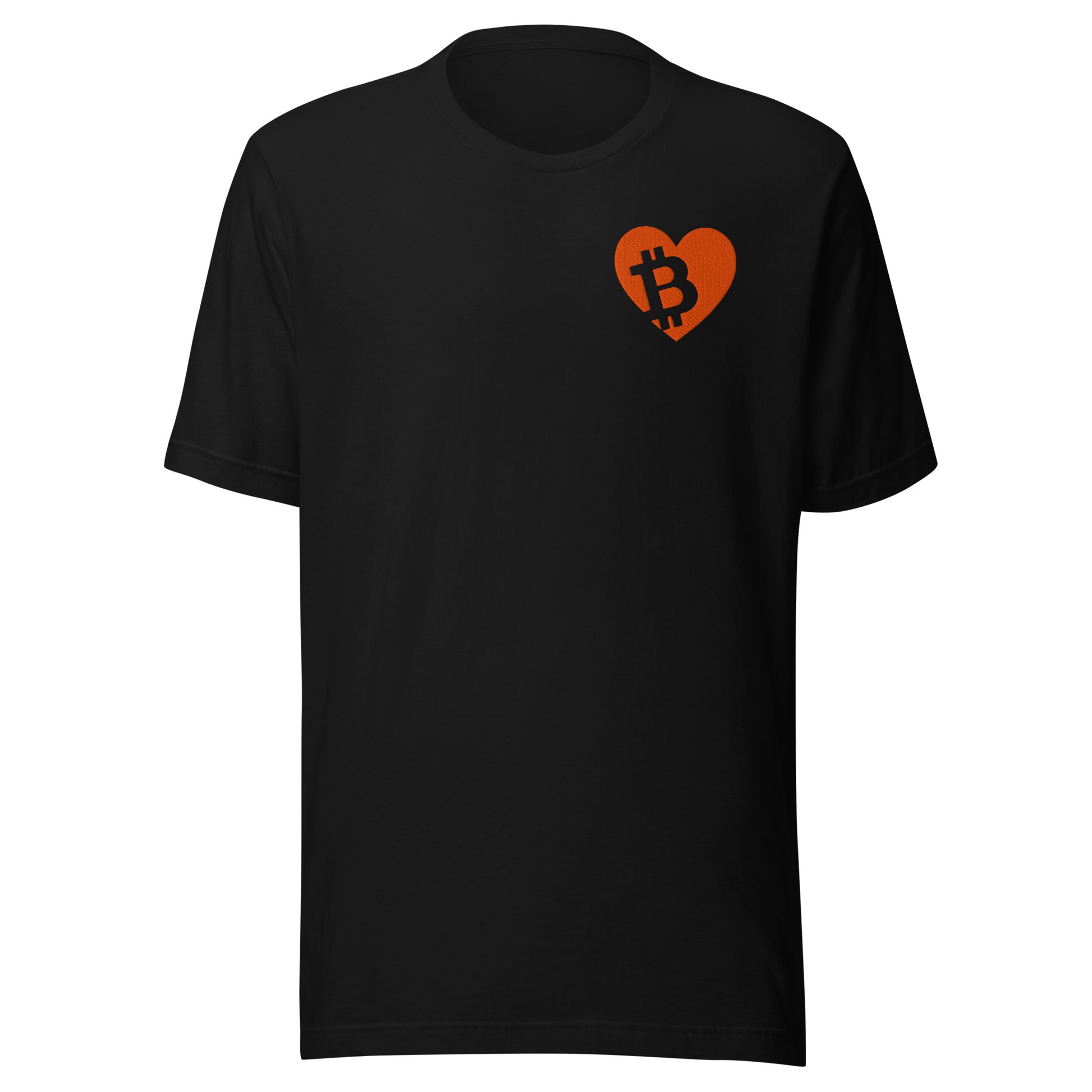 Black t-shirt with a red heart-shaped Bitcoin symbol on a white background