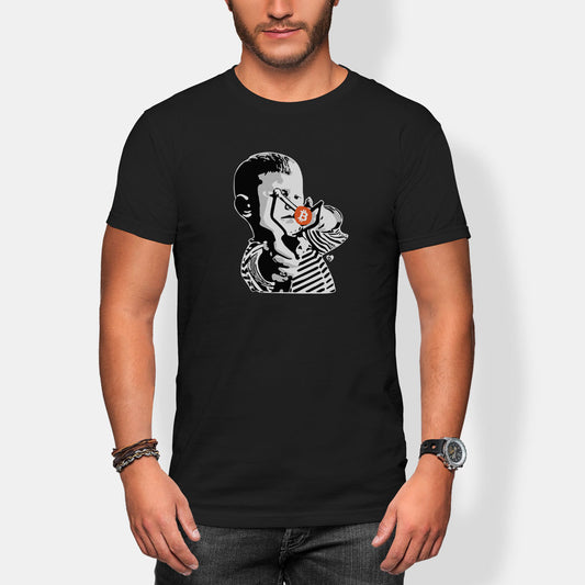 Person wearing a black t-shirt with a boy with a sling shot and firing a bitcoin on a white background