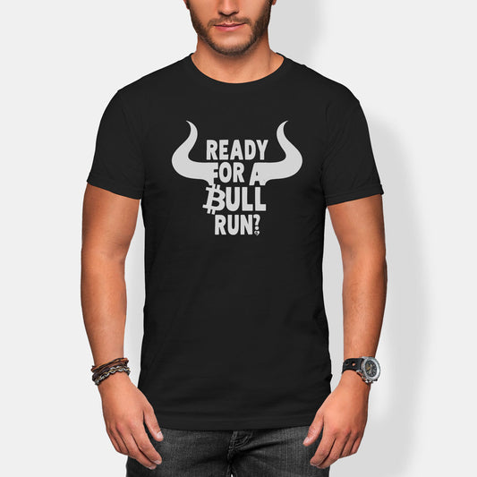 Person wearing a black t-shirt with 'Ready for a Bull Run?' text and graphic.