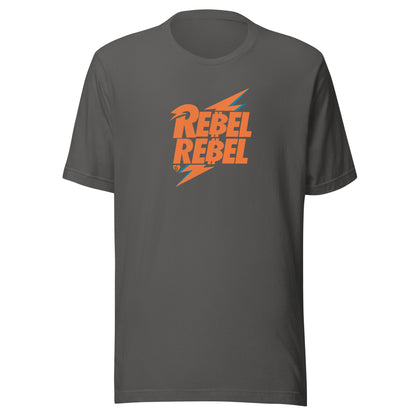 Gray t-shirt with 'REBEL REBEL' bitcoin text in orange on a white background