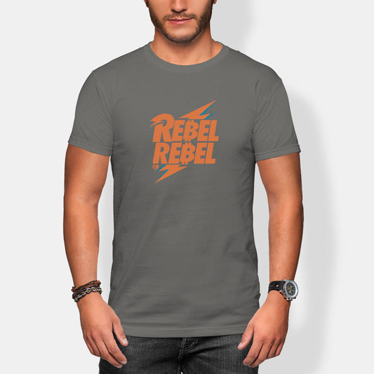 Person wearing a gray t-shirt with 'REBEL REBEL' bitcoin print on a white background