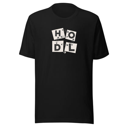 Black t-shirt with 'HODL' graphic design on a white background