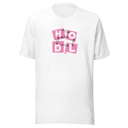 White t-shirt with pink 'HODL' design on a white background