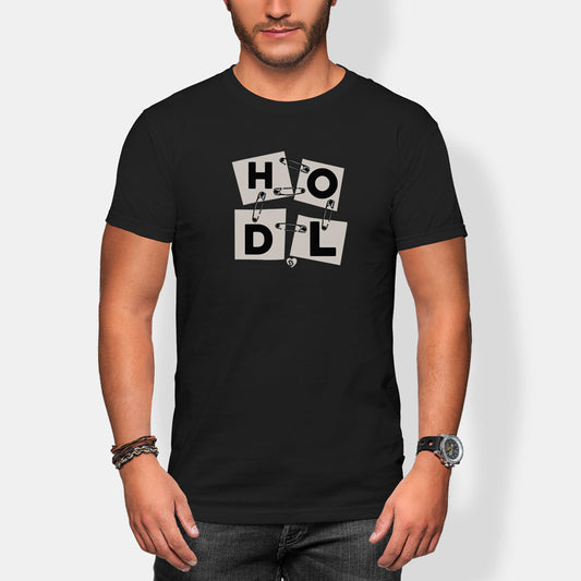 Person wearing a black t-shirt with 'HODL' design on a white background