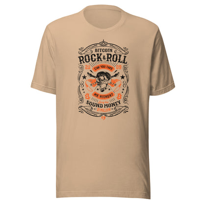 Beige t-shirt with Bitcoin rock and roll graphic design on a white background