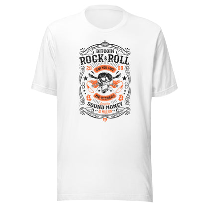 White t-shirt with Bitcoin Rock & Roll graphic design on a white background