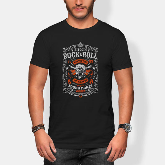Person wearing a black t-shirt with a bitcoin rock n roll graphic design on a white background