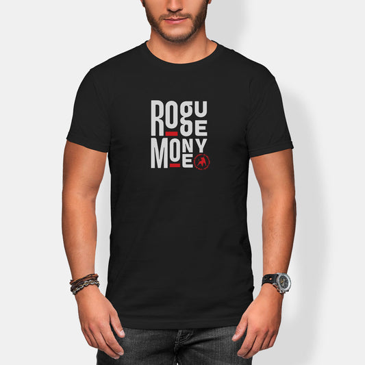 Person wearing a black t-shirt with 'Rogue money: A Star Wars Story' text design.