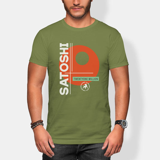 Person wearing a green t-shirt with 'Satoshi' design on a white background