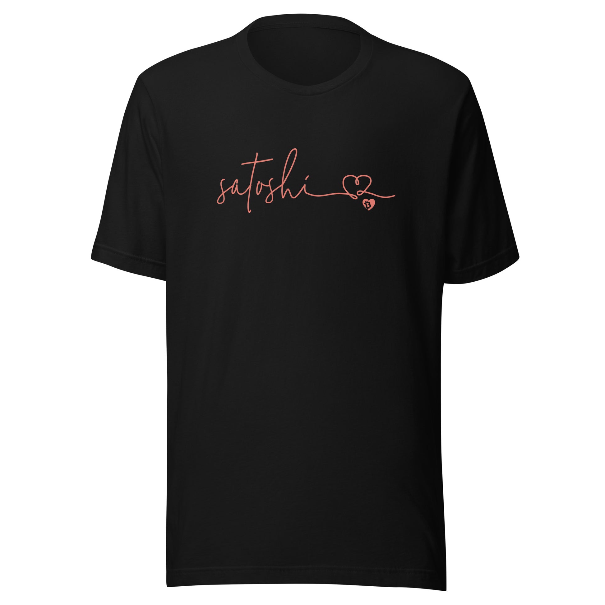 Black t-shirt with 'satoshi' and a heart design on a white background