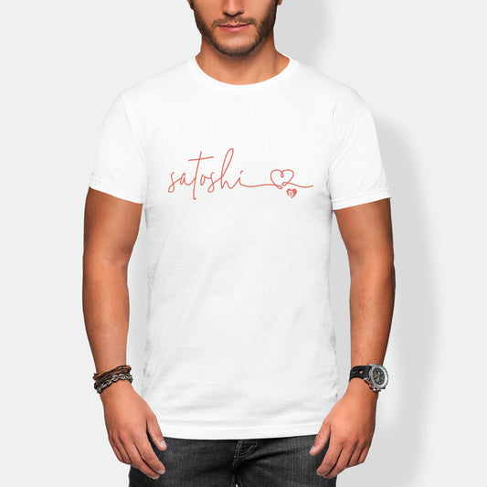 Person wearing a white t-shirt with 'satoshi' and a heart design on a plain background