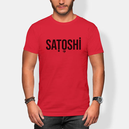 Person wearing a red t-shirt with 'Satoshi' printed on it against a white background