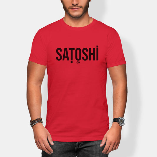 Person wearing a red t-shirt with 'Satoshi' printed on it against a white background