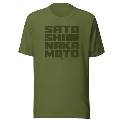 Green t-shirt with black text 'satoshi nakamoto' on a white background