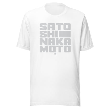 White t-shirt with gray text 'satoshi nakamoto' on a white background