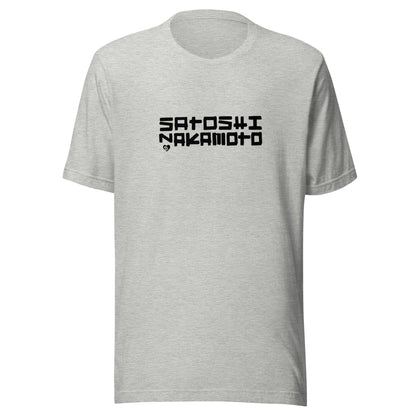 Gray t-shirt with 'Satoshi Nakamoto' text on a white background