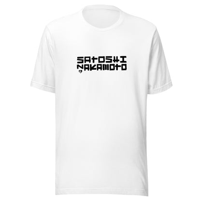 White t-shirt with 'Satoshi Nakamoto' printed on a white background