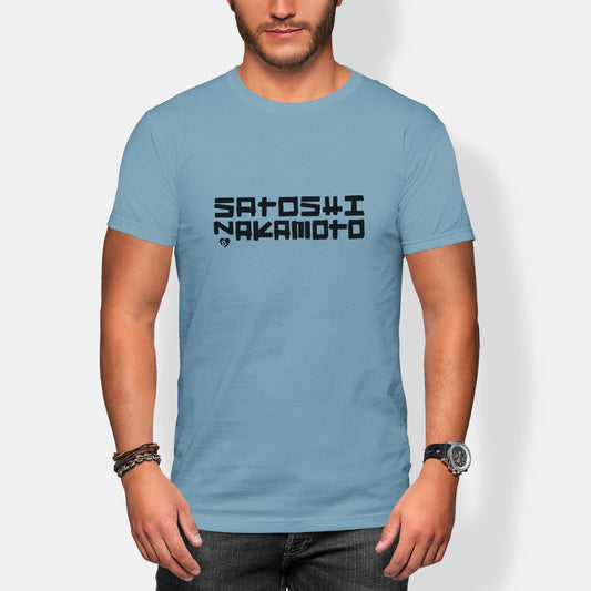 Person wearing a light blue t-shirt with 'Satoshi Nakamoto' printed on it against a white background