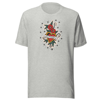 Gray t-shirt with a colorful tattoo-style design featuring a heart and flowers on a white background