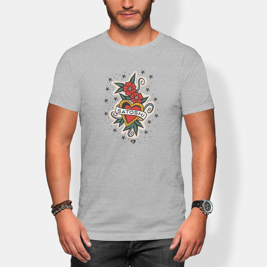 Person wearing a gray t-shirt with a colorful tattoo design and 'Satoshi' text on a white background
