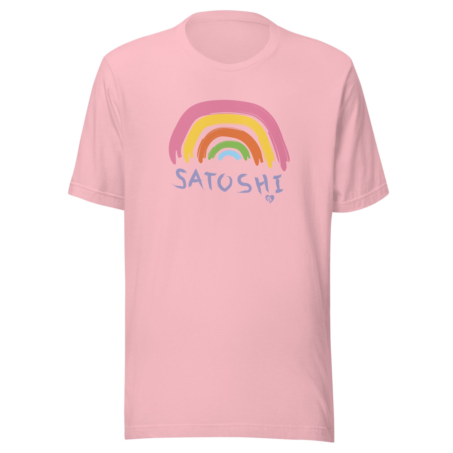 Pink t-shirt with a rainbow and 'Satoshi' text on a white background