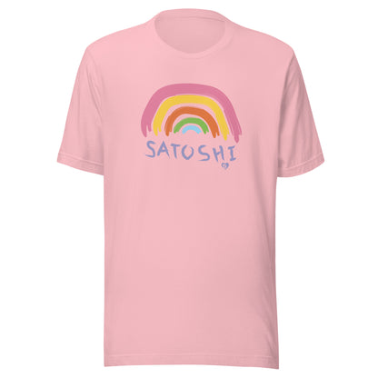 Pink t-shirt with a rainbow and 'Satoshi' text on a white background