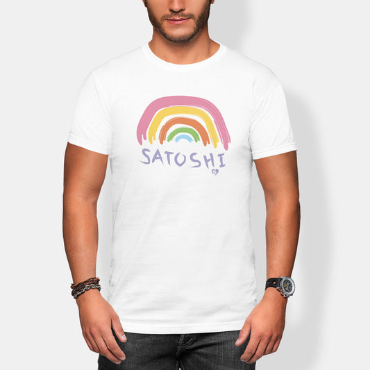 Person wearing a white t-shirt with a rainbow and 'Satoshi' design on a plain background