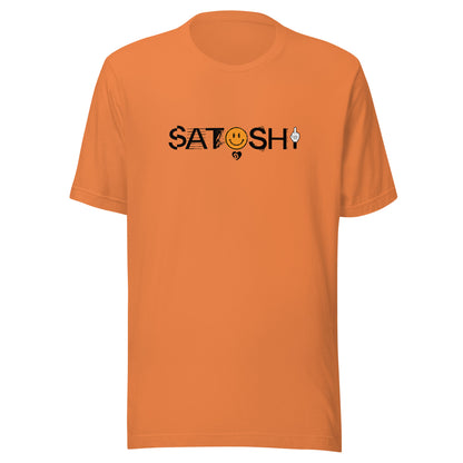 Orange t-shirt with 'Satoshi' design on a white background