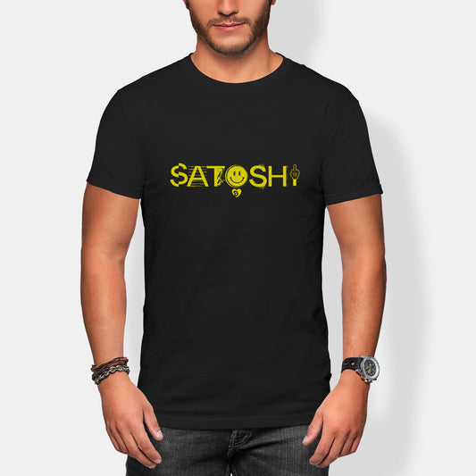 Person wearing a black t-shirt with yellow text satoshi and graphics on a white background