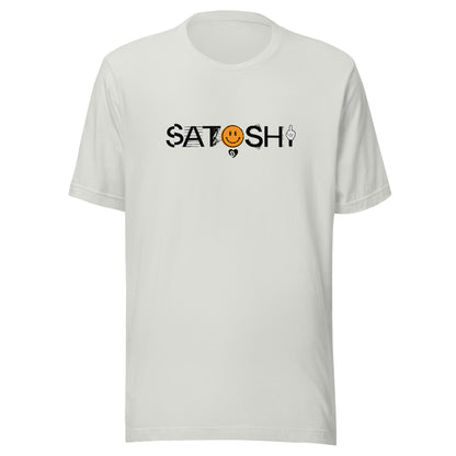 White t-shirt with 'Satoshi' graphic design on a white background
