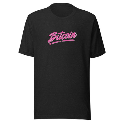 Black t-shirt with pink 'Bitcoin' text on a white background