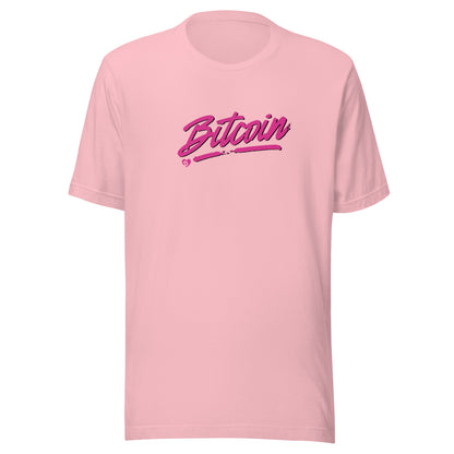 Pink t-shirt with 'Bitcoin' text on a white background