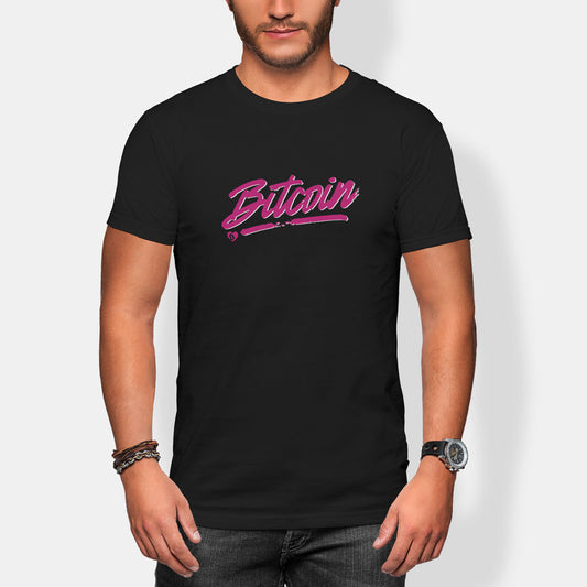 Person wearing a black t-shirt with pink 'Bitcoin' text on a white background