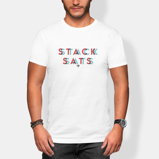 Person wearing a white t-shirt with colorful text Stack Sats 3d glasses on a plain background