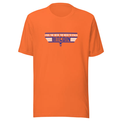 Orange t-shirt with Bitcoin-themed graphic on a white background