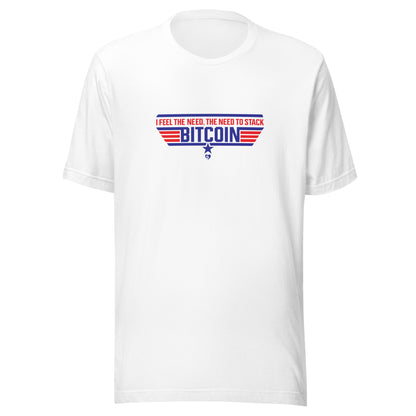 White t-shirt with Bitcoin-themed graphic on a white background