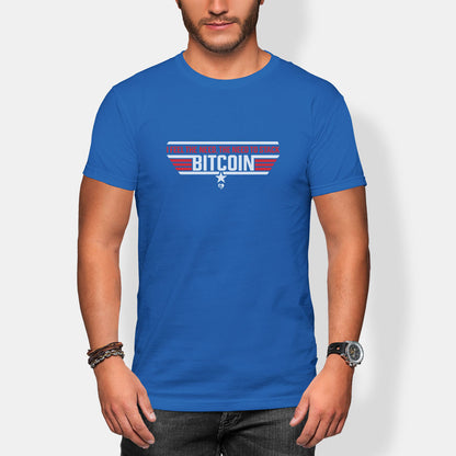 Person wearing a blue t-shirt with 'BITCOIN' printed on it against a white background