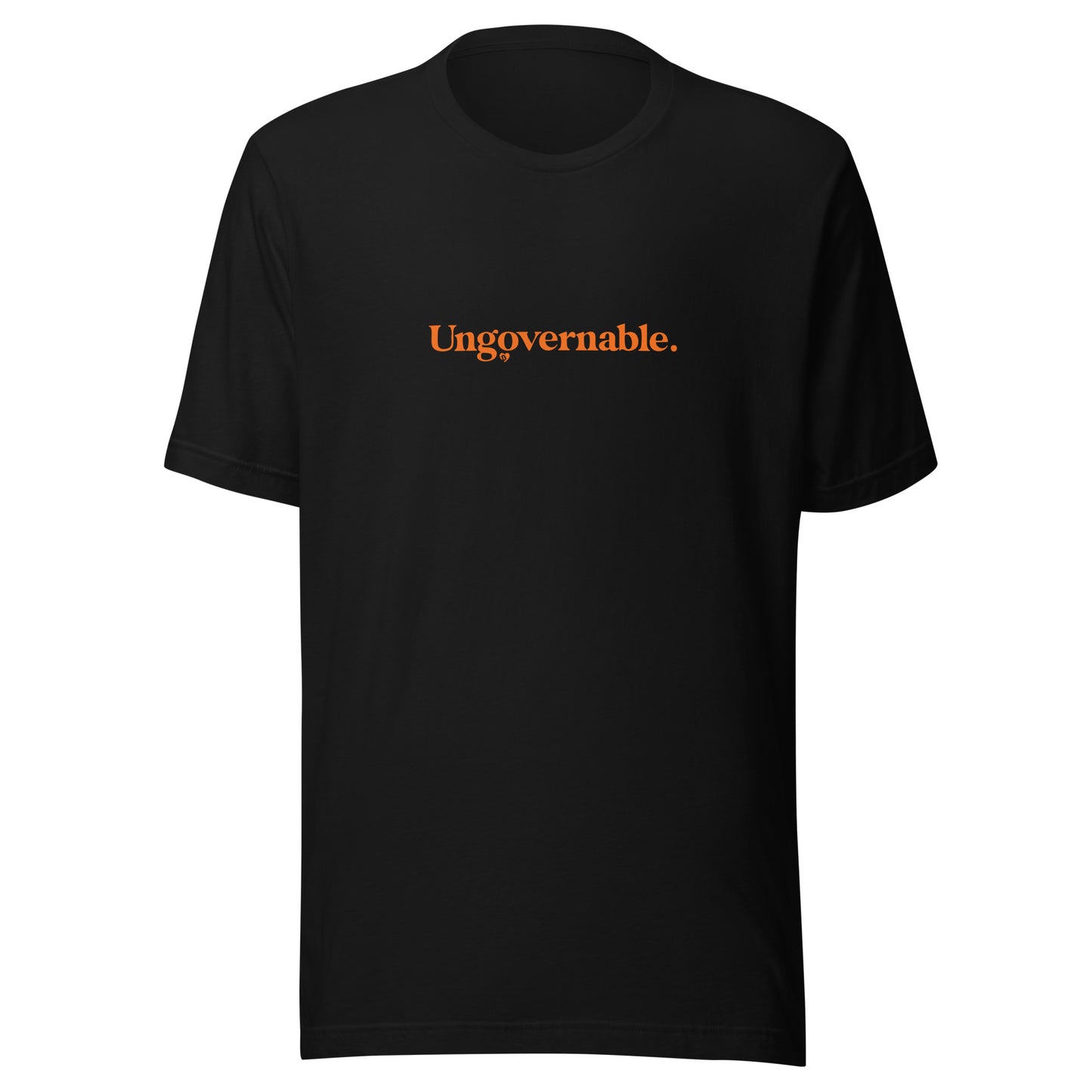 Black t-shirt with 'Ungovernable' text in orange on a white background