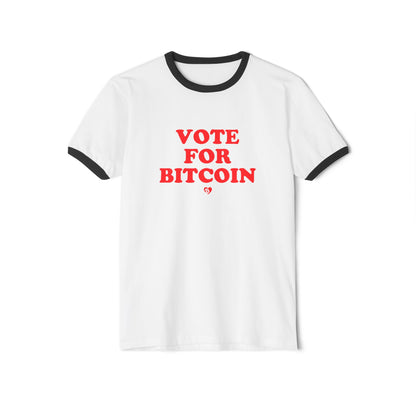 White t-shirt with red text 'Vote for Bitcoin' on a white background