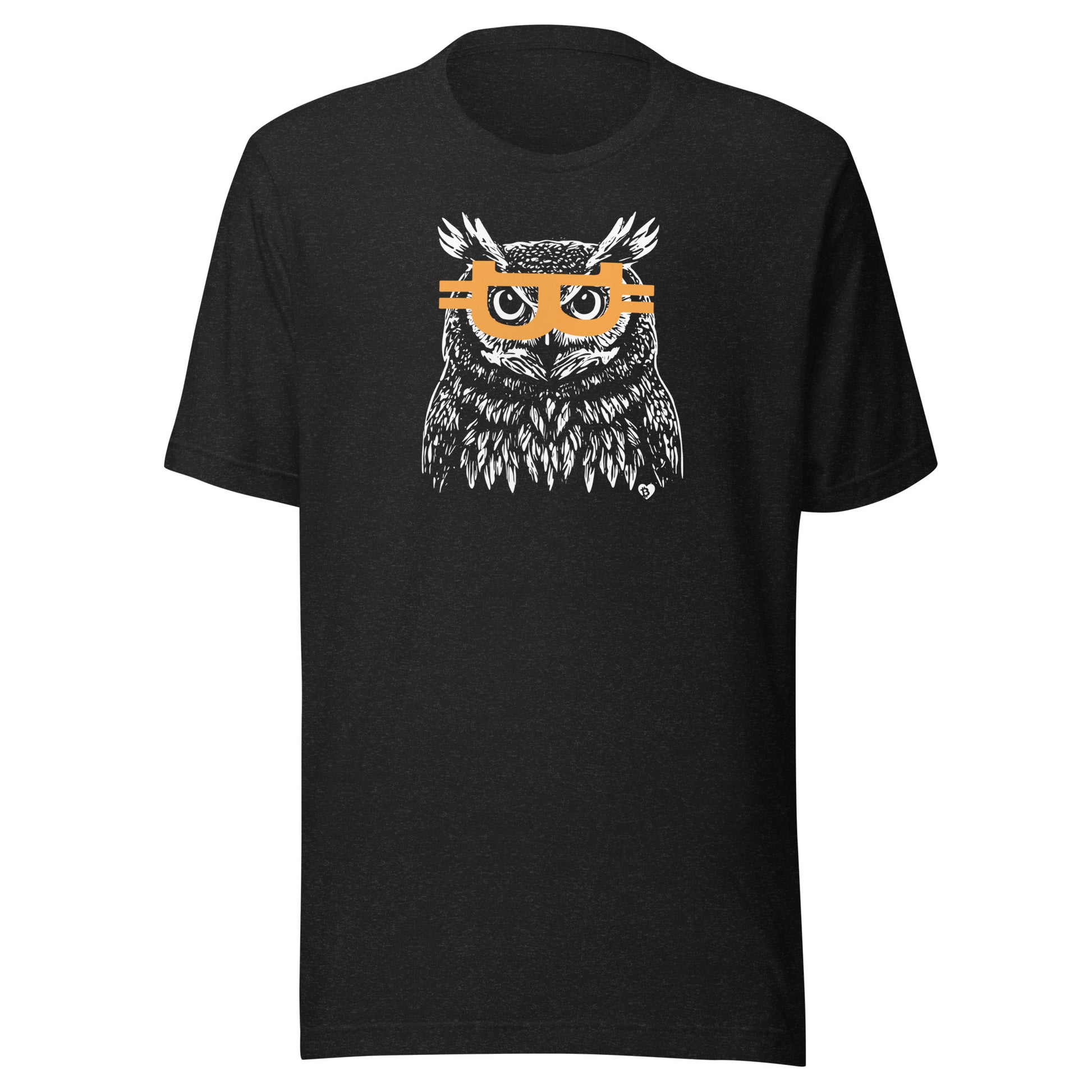 Black t-shirt with an owl design wearing bitcoin glasses on a white background