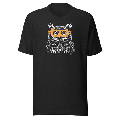 Black t-shirt with an owl design wearing bitcoin glasses on a white background