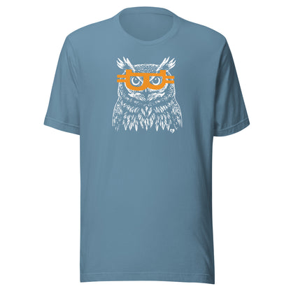 Blue t-shirt with an owl graphic wearing orange bitcoin glasses on a white background
