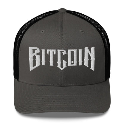 Black cap with 'BITCOIN' text on a white background